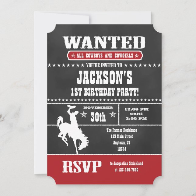 Red Chalkboard Cowboy Invitation d'anniversaire (Devant)