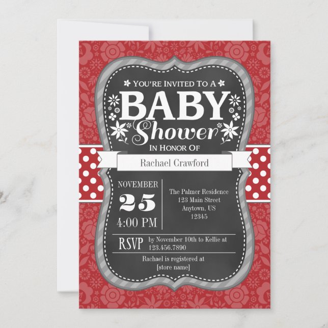 Red Chalkboard Floral Baby Dusche einladen Einladung (Vorderseite)