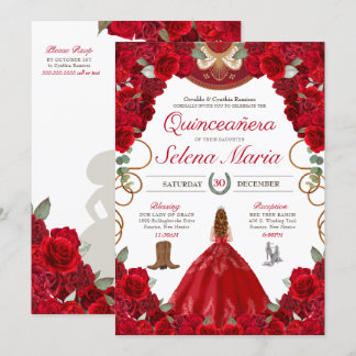 Red Charro Elegante Peonies Rose Quinceanera Einladung