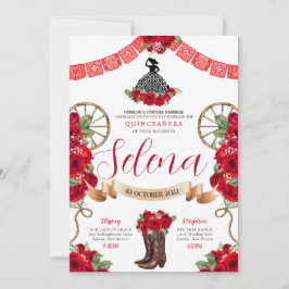 Red Charro Quinceanera Papel Picado Western Rose Einladung