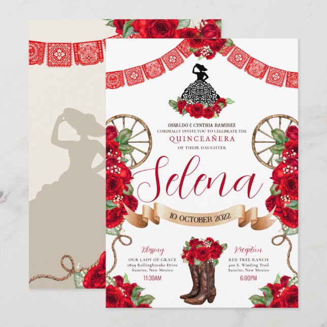Red Charro Quinceanera Papel Picado Western Rose Einladung (Vorne/Hinten)