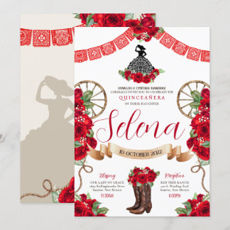 Red Charro Quinceanera Papel Picado Western Rose Einladung