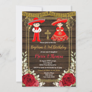Red Charro Roses Baptême Fiesta Twin Invitation