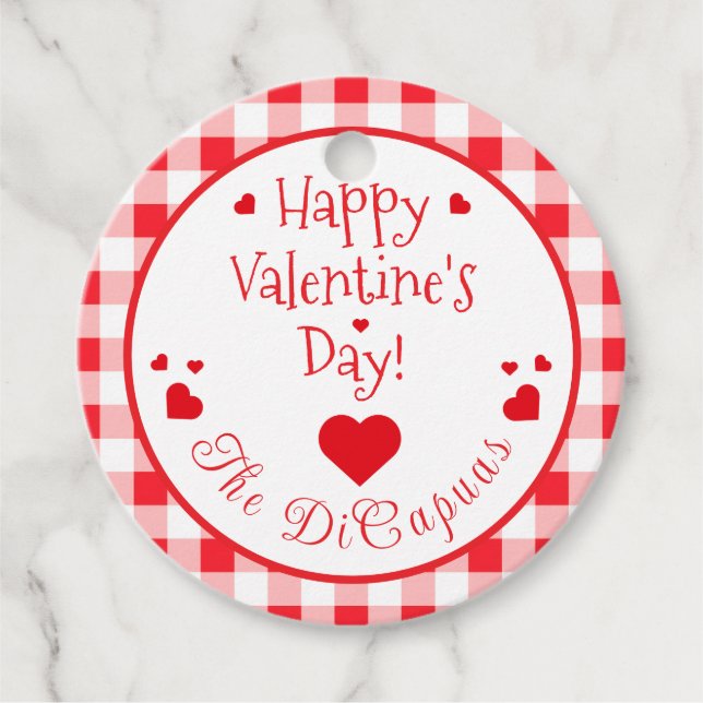 Red Check Red Hearts Valentine's Day Paper Geschenkanhänger (Vorderseite)