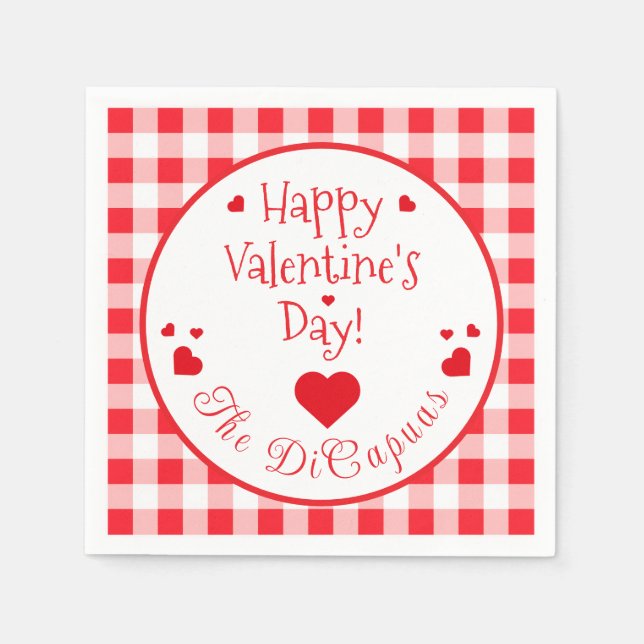Red Check Red Hearts Valentine's Day Paper Napkin Serviette (Vorderseite)