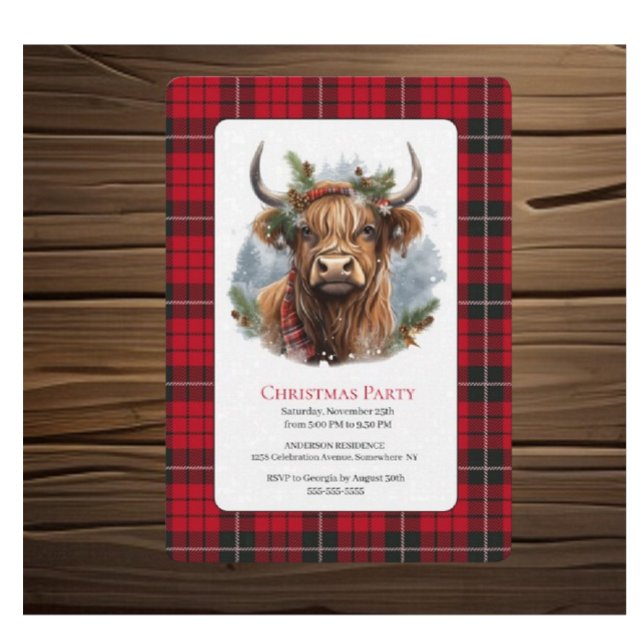 Red Checked Christmas Highlander Cow Einladung (Christmas Highlander lovely  endearing cow)