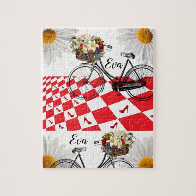 Red Checkered Floral Bike Jigsaw Puzzle Daisy (Vertikal)