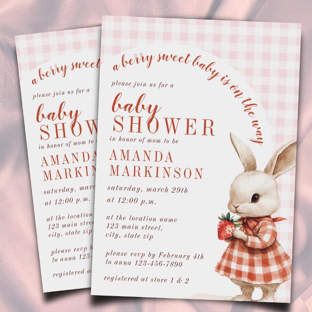 Red Checkered Garden Berry Sweet Bunny Baby Dusche Einladung (Von Creator hochgeladen)