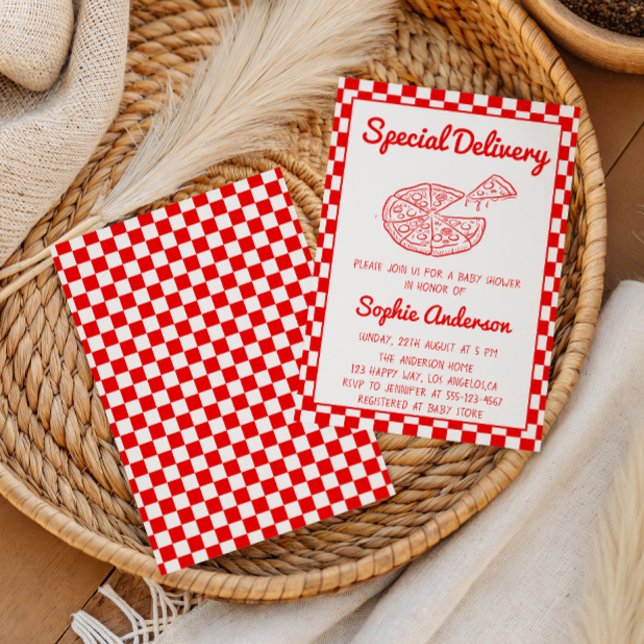Red Checkered Special Delivery Pizza Baby Shower Einladung (Von Creator hochgeladen)