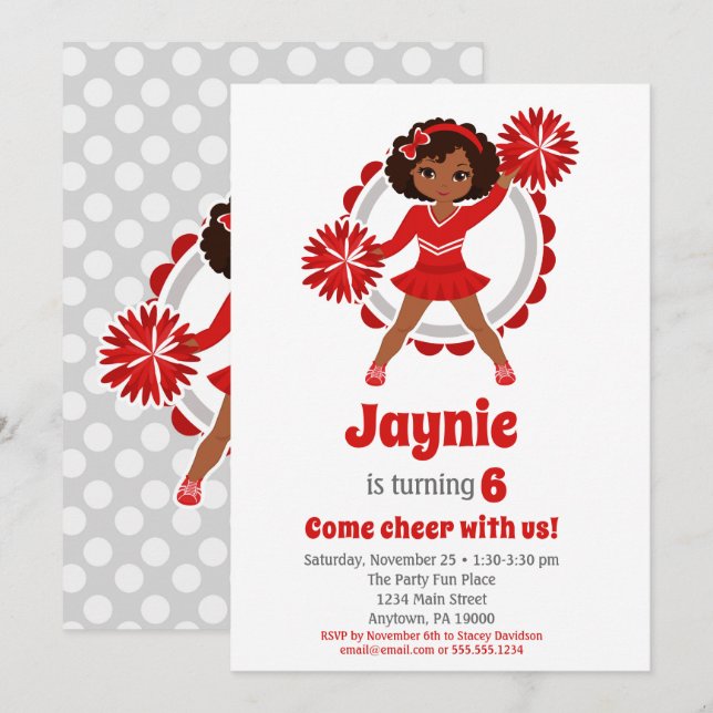 Red Cheerleader - African American Birthday Einladung (Vorne/Hinten)