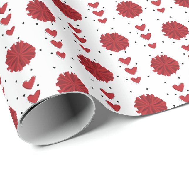 Red Cheerleader Pom Poms & Hearts Muster Geschenkpapier (Rolleneckpunkt)