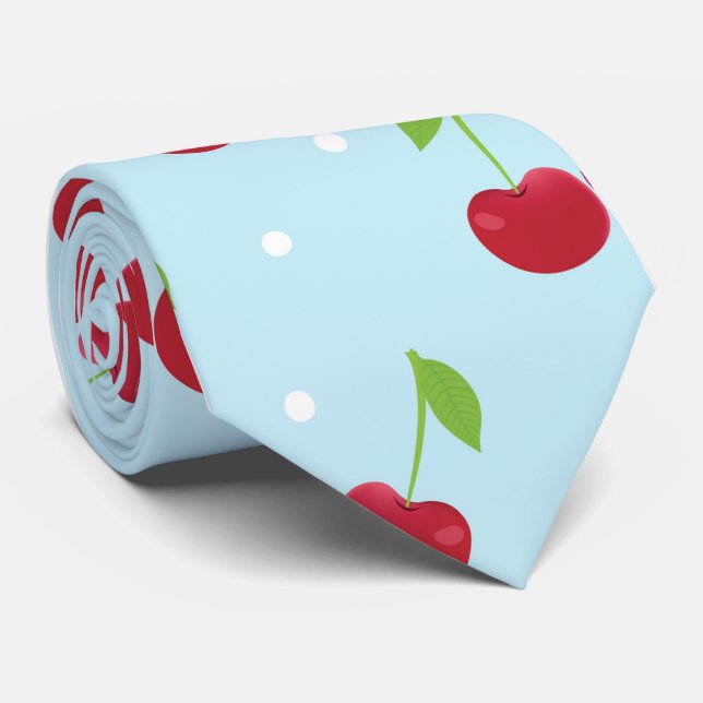 Red Cherries auf Baby Blue Polka Dots Krawatte (Gerollt)