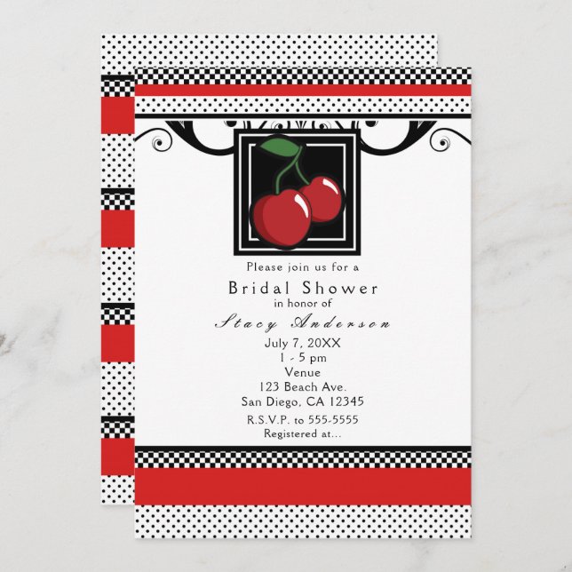 Red Cherries Black White & Red Invitations (Devant / Derrière)