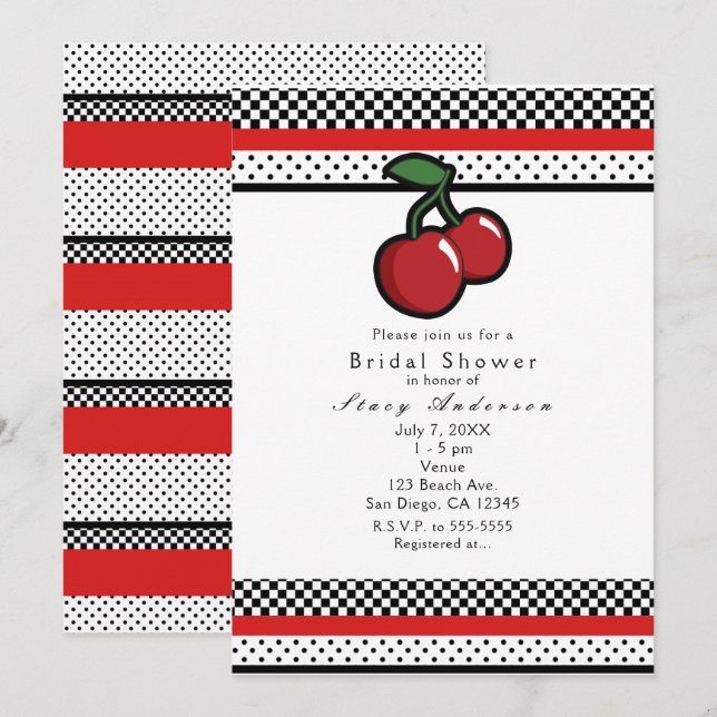 Red Cherries Black White & Red Invitations (Devant / Derrière)