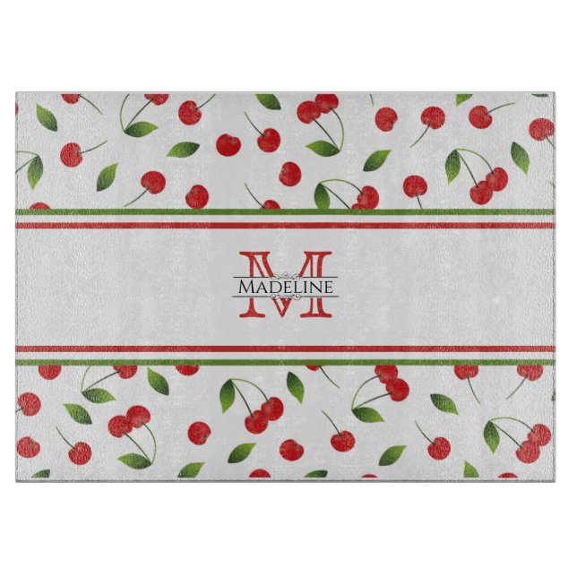 Red Cherries | Custom Monogram Cutting Board Schneidebrett (Vorderseite)