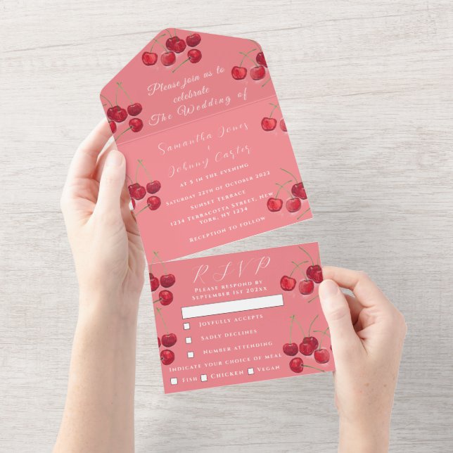 Red Cherries Frucht Elegante Rustikale Hochzeit All In One Einladung (Abreißen)