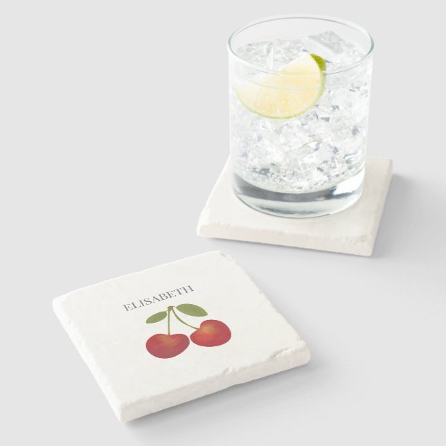 Red Cherries Frucht Personalisierter Name Steinuntersetzer (Seitenansicht)