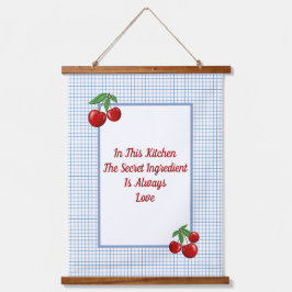 Red Cherries on Blue Checked Print Kitchen Wandteppich Mit Holzrahmen
