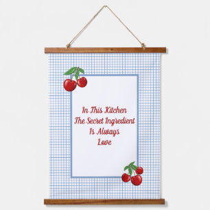 Red Cherries on Blue Checked Print Kitchen Wandteppich Mit Holzrahmen