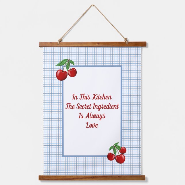 Red Cherries on Blue Checked Print Kitchen Wandteppich Mit Holzrahmen (Vorderseite)