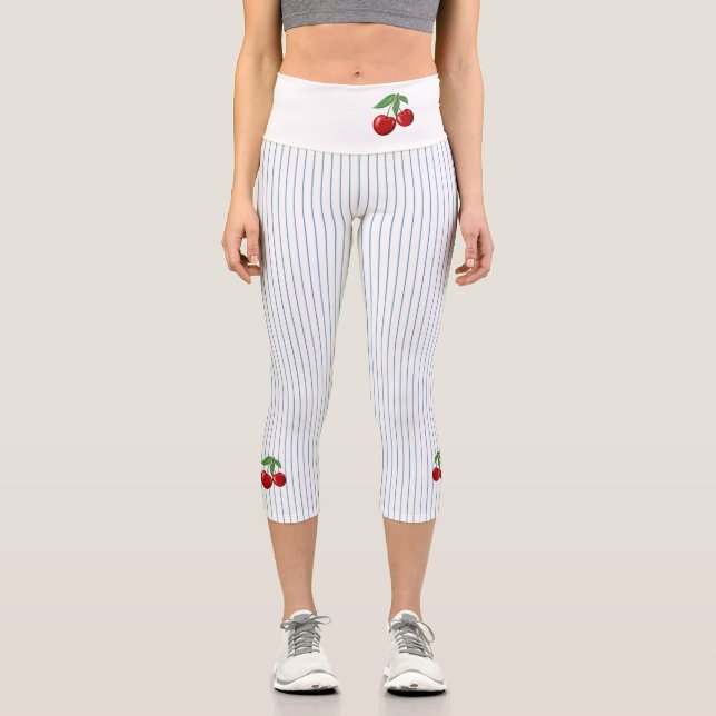 Red Cherries on Blue Stripes Custom Capri Leggings (Vorderseite)