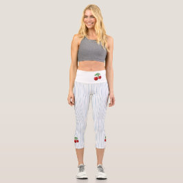 Red Cherries on Blue Stripes Custom Capri Leggings