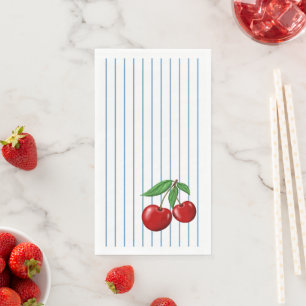 Red Cherries on Blue Stripes Fun Retro Design Serviette