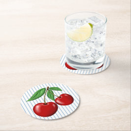 Red Cherries on Blue Stripes Retro Style Runder Pappuntersetzer