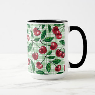 Red cherries on light green gingham tasse