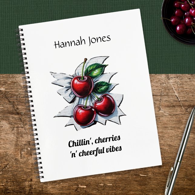Red Cherries Street Art Personalisiert Student Whi Notizbuch (A personalized, white, spiral-bound notebook, with cherries design in a street art style)