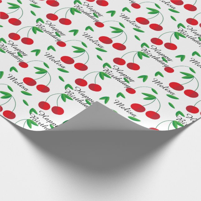 Red Cherries Summer Personalize Name Geburtstag Geschenkpapier (Ecke)