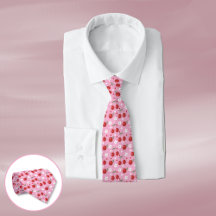 Red Cherries White Blume Pattern Pink Neck Tie