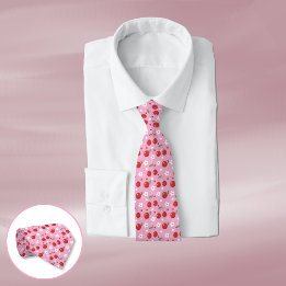 Red Cherries White Blume Pattern Pink Neck Tie Krawatte