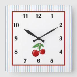 Red Cherry auf Blue Stripes Quadratische Wanduhr
