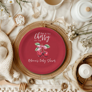 Red Cherry auf Top Coquette Pink Bow Baby Dusche Pappteller