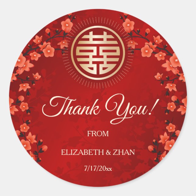 Red Cherry Blossom Chinese Wedding Danke Runder Aufkleber (Vorderseite)