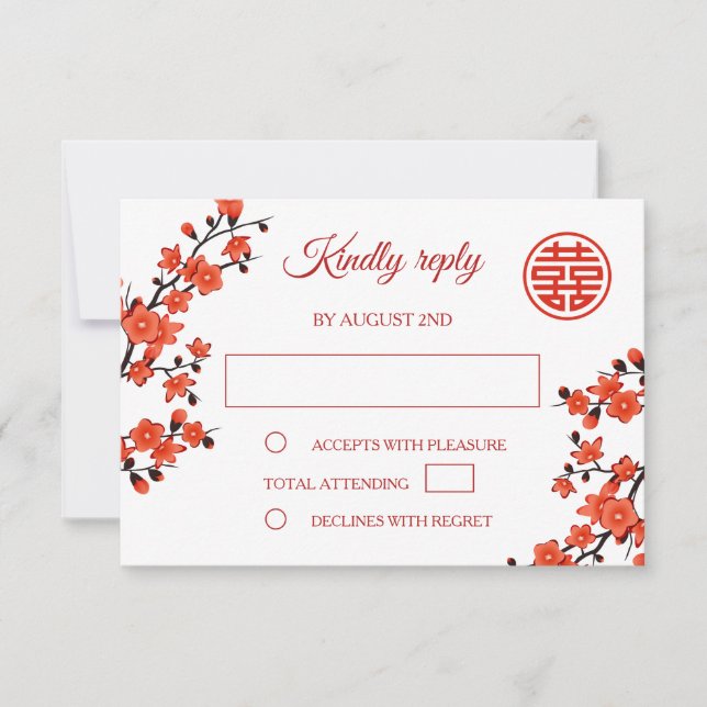 Red Cherry Blossom Chinese Wedding RSVP Karte (Vorderseite)