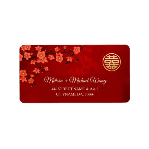 Red Cherry Blossom   Chinesische Hochzeit Adressaufkleber
