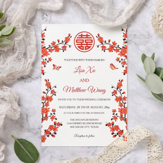 Red Cherry Blossom | Chinesische Hochzeit Einladung (Von Creator hochgeladen)