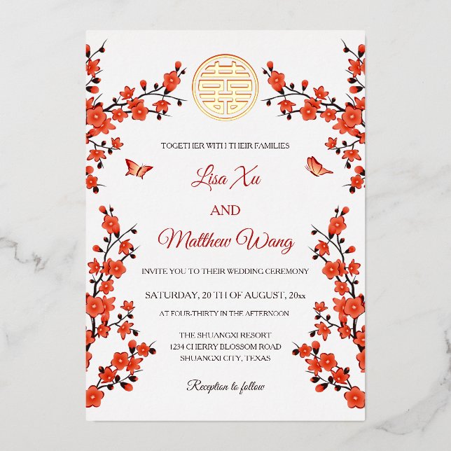 Red Cherry Blossom | Chinesische Hochzeit Folieneinladung (Vorderseite)