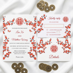 Red Cherry Blossom Chinesische Hochzeit Folieneinladung