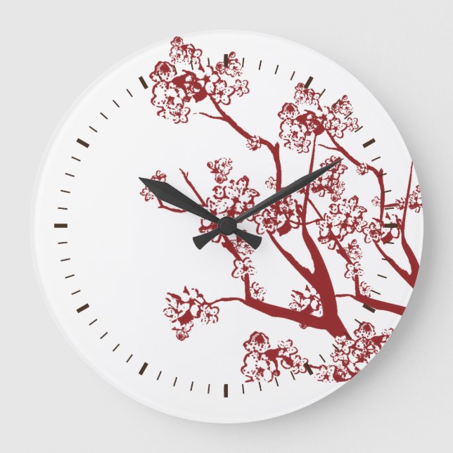 Red Cherry Blossom Custom Wall Clock Große Wanduhr (Vorderseite)