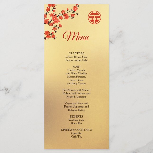 Red Cherry Blossom Gold Chinesisches Hochzeitsmenü Menükarte (Vorderseite)