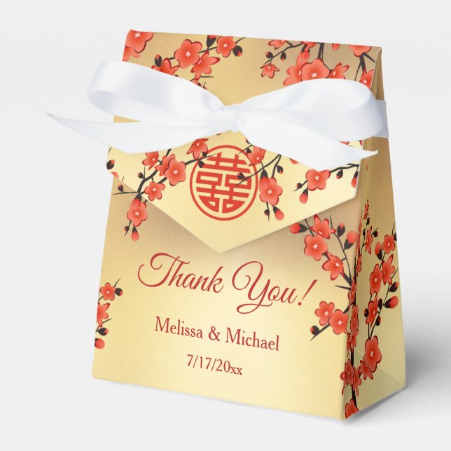 Red Cherry Blossom Gold Custom Chinese Wedding Geschenkschachtel (Vorderseite)