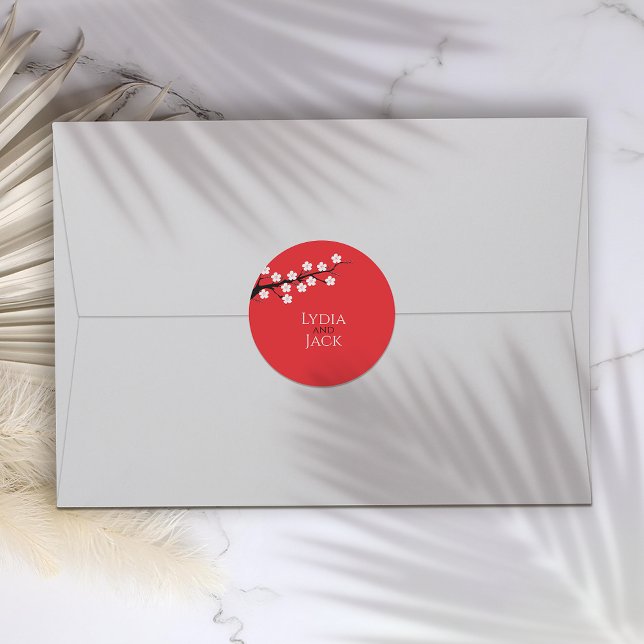 Red Cherry Blossom Hochzeit Runder Aufkleber (Von Creator hochgeladen)