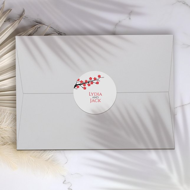 Red Cherry Blossom Hochzeit Runder Aufkleber (Von Creator hochgeladen)