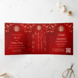 Red Cherry Blossom Red | Chinesische Hochzeit Dreifach Gefaltete Einladung