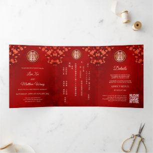Red Cherry Blossom Red   Chinesische Hochzeit Dreifach Gefaltete Einladung
