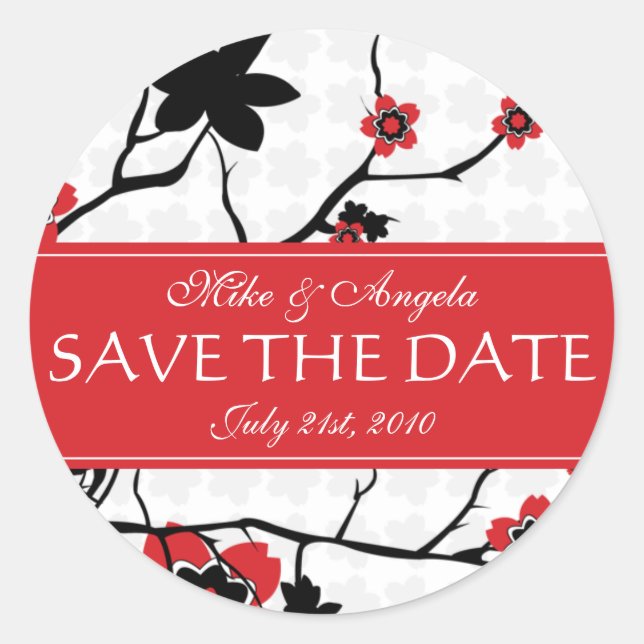 Red Cherry Blossom Sakura Save the Date Runder Aufkleber (Vorderseite)