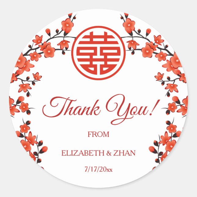 Red Cherry Blossom White Chinese Wedding Danke Runder Aufkleber (Vorderseite)